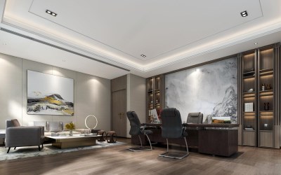 新中式董事长办公室3D模型下载